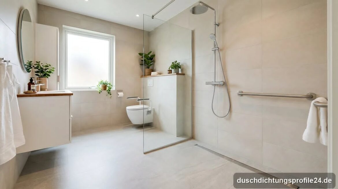 Barrierefreie bodengleiche Walk-in-Dusche mit Haltegriff und Linienablauf statt Badewanne